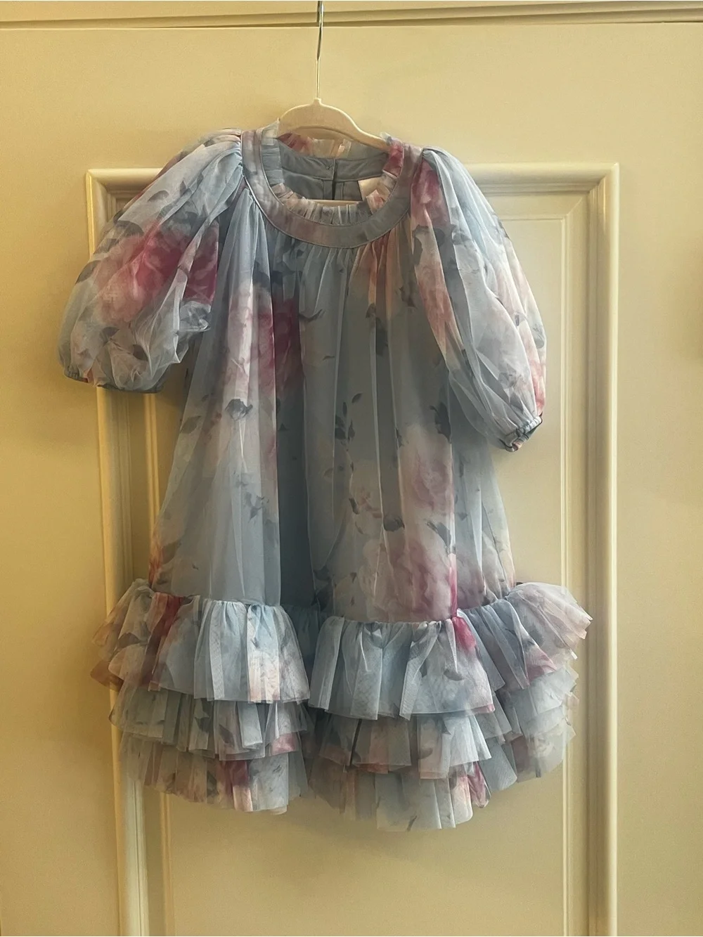 Girls Floral Ruffle Mesh Drop Waist Dress - On Pointe - Blue